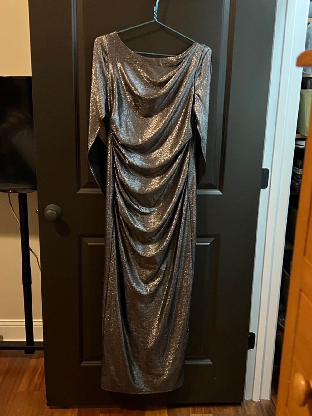 R & M Richard’s Metallic Draped Evening Gown in Gunmetal